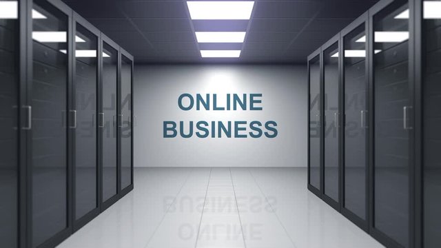 ONLINE BUSINESS caption on the wall of a server room. Conceptual 3D animation
