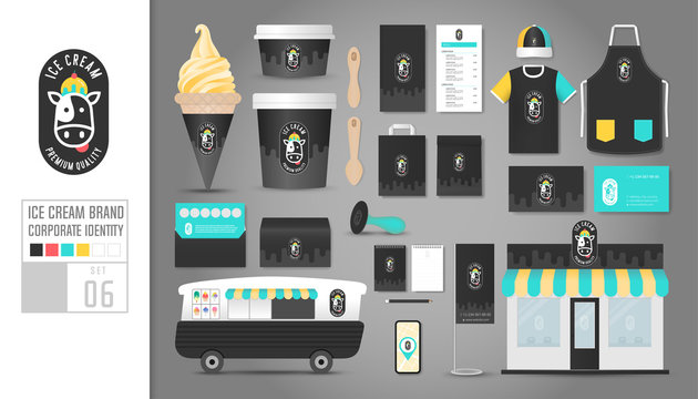 Corporate identity template Set 6. Logo concept for ice cream shop, cafe, restaurant. Realistic mock up template set of shop, car, polo shirt, cap, cup, menu, rubber stamp, coupon, package.
