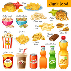 Set junk food. Salted nuts, squid  rings, rusks, pop corn, cornflakes, corn  sticks, dried  fish, crackers, instant  noodle, carbonated  drinks, chocolate bars.