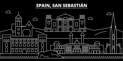 Obraz premium San Sebastian silhouette, skyline. Spain - San Sebastian vector city, spanish linear architecture, buildings. San Sebastian line travel illustration, landmarks. Spain flat icons, spanish outline