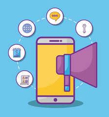 smartphone and megaphone with online marketing related icons over blue background, colorful design. vector illustration