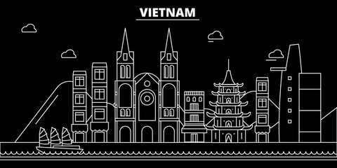 Vietnam silhouette skyline. Vietnam vector city, vietnamese linear architecture, buildings, line travel illustration, landmarks, flat icons, vietnamese outline design, banner