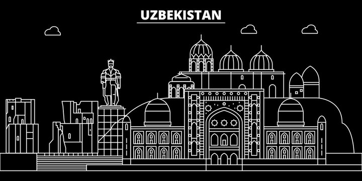 Uzbekistan silhouette skyline, Uzbekistan vector city, uzbek linear architecture, buildings, line travel illustration, landmarks, flat icons, uzbek outline design, banner