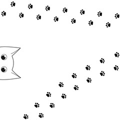 Outline funny peeking cat head and paw prints