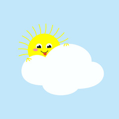 Cute sun looking out from behind a cloud and showing its tongue
