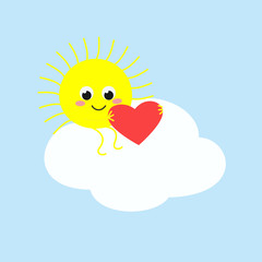 Cute sun sitting on a cloud with a heart in its hands