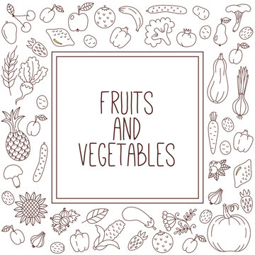 Fruits and vegetables square doodle icons decorative border vector set