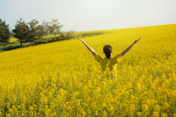 field of yellow flowering rape, the girl is standing in the field and stretching her arms towards the sun, the girl with her back, her arms raised, the concept