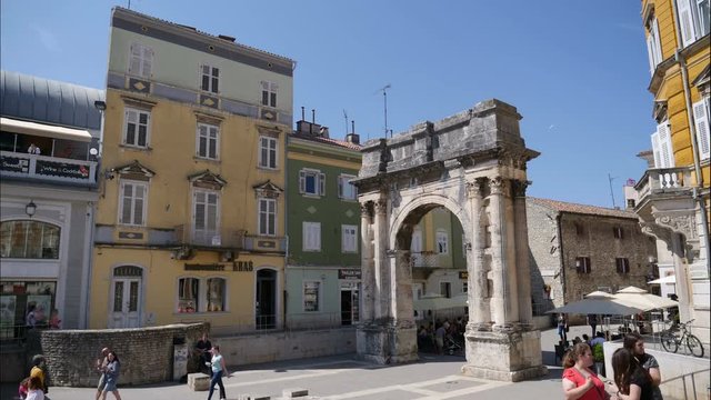 Time lapse at the Arch of the Sergii, Pula, Croatia