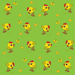 Seamless baby pattern. Little yellow chickens and butterflies. Cheerful chicks on a green background. Vector illustration