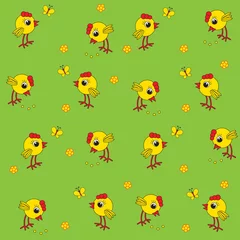 Fotobehang Seamless baby pattern. Little yellow chickens and butterflies. Cheerful chicks on a green background. Vector illustration © HANNA