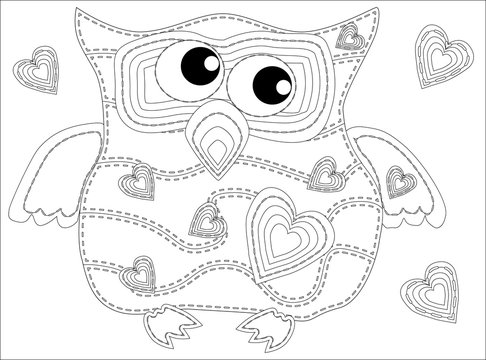 Coloring book for adult and older children. Coloring page with cute owl and flowers. Outline drawing in zentangle style