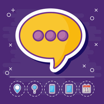 speech bubble with online marketing related icons over purple background, colorful design. vector illustration