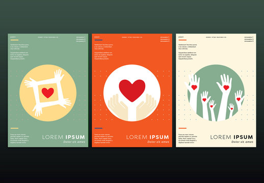 3 Flyer Layouts with Heart and Hand Illustrations