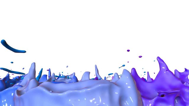3d splashes of liquid. Paint bounce in 4k on white background. Simulation of splashes of ink on a musical speaker that play music. version shades of blue 15