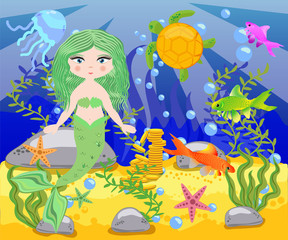 Obraz na płótnie Canvas Vector background with an underwater world in a children's style. A mermaid is sitting on a rock. Wooden chest with gold on the bottom of the sea. Seabed in a cartoon style.