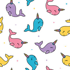 Cute pastel whale seamless patern colorful with unicorn horn © tereez