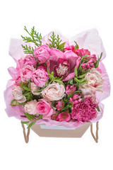 Fresh, lush bouquet of colorful flowers, isolated on white background