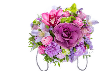 Fresh, lush bouquet of colorful flowers, isolated on white background