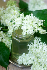 Homemade syrup of elderberry flowers in a glass jar and elder branches on a wooden table Rustic...