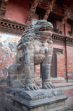 Ancient statue of Lion at Durbar Square in Patan, Kathmandu Valley, Nepal