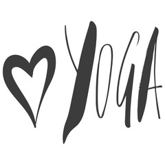 love yoga inscription with heart shape, quote about yoga life, hand lettered phrase black isolated on white background
