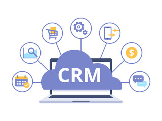Organization of data on work with clients, Customer Relationship Management. CRM concept design with vector elements. Flat icons of accounting system, planning tasks, support, deal.