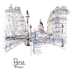 Vector hand drawing. Bridge across river Seine Pont Louis Philippe near the Ile de la Cite in the winter morning, Pantheon in the background, Paris, France.