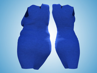 Conceptual fat overweight obese female dress outfit vs slim fit healthy body after weight loss or diet thin young woman on blue. A fitness, nutrition or fatness obesity health shape 3D illustration