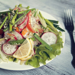 Spring Vegetable Salad on the white plate. Radish, tomato, celery and cucumber. Topped with sesame seeds. Vegetarian dish on the white wooden table. Close up. Toned photo.