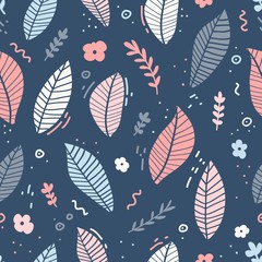 Design of a seamless pattern with a decor of pink flowers, blue leaves and twigs. A gentle backdrop in the Scandinavian style. Modern wallpaper in the style of a huggie on navy background . Vector
