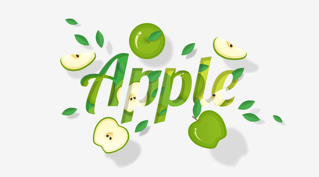 Word apple design decorated with green apple fruits and leaves in paper art style , vector , illustration