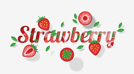 Word strawberry design decorated with strawberry fruits and leaves in paper art style , vector , illustration