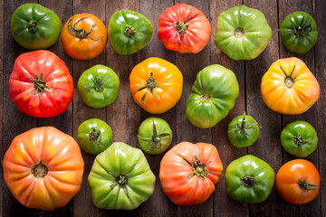 Fresh organic tomatoes on wooden table 