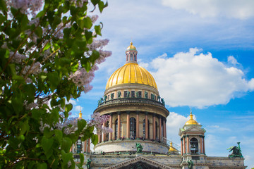 Saint Isaac's Cathedral (Isaakievskiy Sobor) in the flowers of lilac and Apple trees