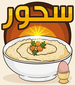 Delicious Breakfast with Hummus and Egg for Ramadan's Sahur, Vector Illustration