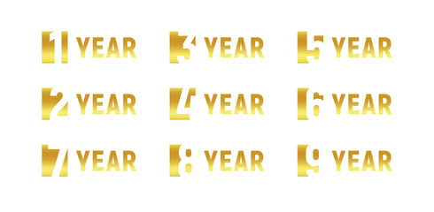 Anniversary of company, gold negative space sign, business birthday, vector logo set, golden numbers, year, num. Celebration card design element, vector anniversary icon set, invitation card.