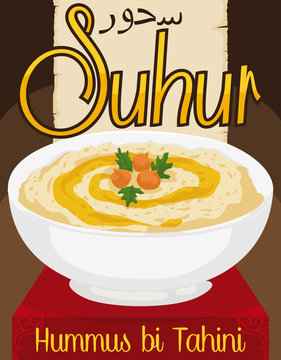 Delicious Hummus bi Tahini with Olive Oil for Ramadan's Suhur, Vector Illustration