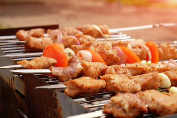 The row of fried pieces of kebab on skewers are roasted on a grill outdoor. The national dish of middle East and North Caucasus in Russia. Closeup view.Closeup view.