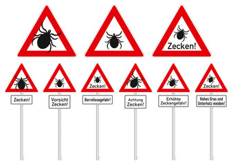 Verschiedene Warnschilder: Zeckengefahr