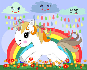 A small white cartoon pony on a glade with a rainbow, flowers, sun. Card