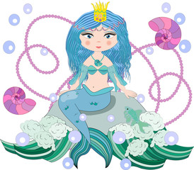 Obraz na płótnie Canvas A beautiful little mermaid is sitting on a rock. Siren. Sea theme. vector illustration on a white background.