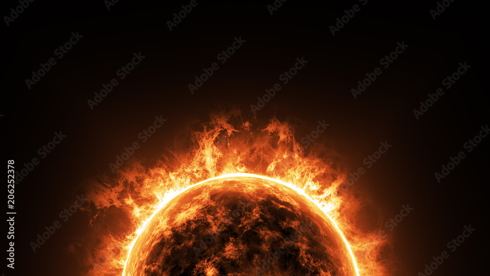 Wall mural a big sun surface with solar flares and copy space on black background, global warming concept. abst