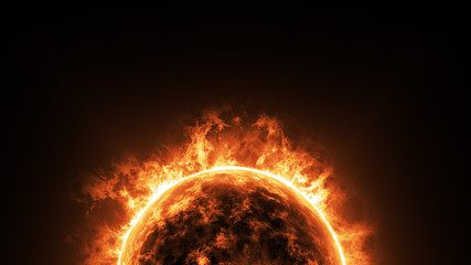 a big sun surface with solar flares and copy space on black background, global warming concept....