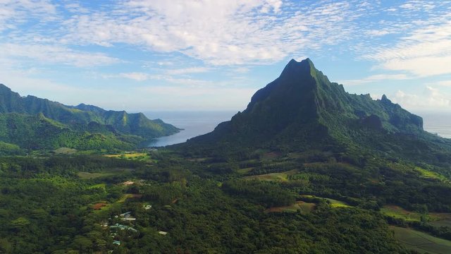 Aerial view of Mount Rotui, lush green jungle, picturesque hills, mountains, valleys and bays - Moorea island, South Pacific Ocean, French Polynesia landscape from above, 4k