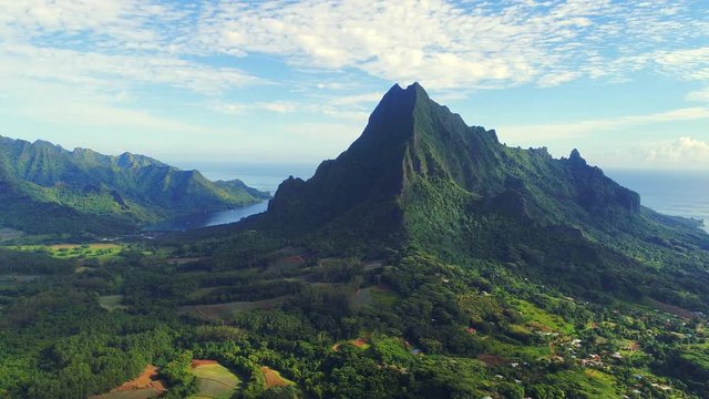 Aerial view of Mount Rotui, lush green jungle, picturesque hills, mountains, valleys and bays - Moorea island, South Pacific Ocean, French Polynesia landscape from above, 4k