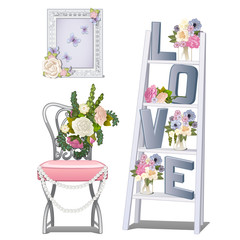 Interior design in the room of the newlyweds. Vector illustration.