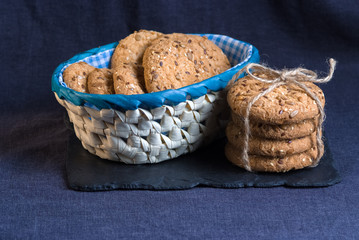 Cookies with sesame and sunflower seeds on shale board. Healthy eating
