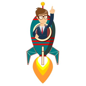 Happy businessman on a rocket ship launch. Start up business concept. Stock flat vector illustration.