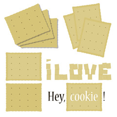 set of composition of rectangular cookies baking delicious crisp light beige cracker wavy edge of love vector inscription isolated on white background